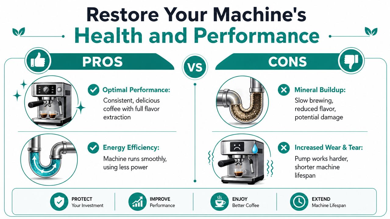 An infographic comparing the benefits of maintaining versus the consequences of neglecting a coffee machine's cleanliness.