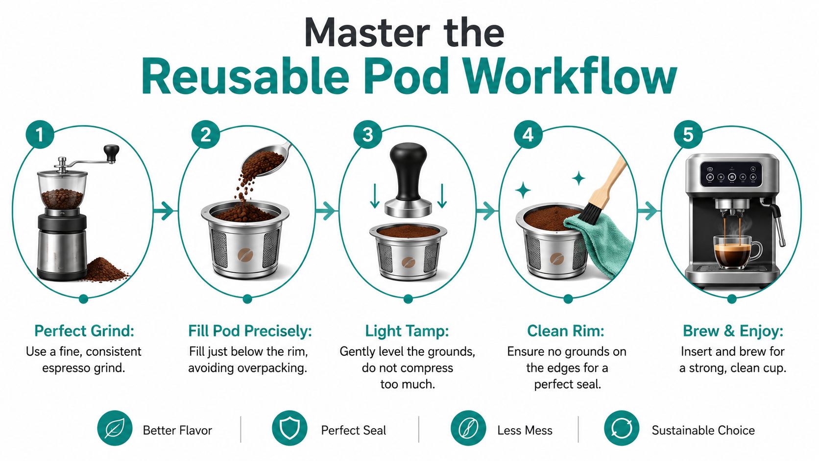 A five-step guide on how to correctly use a reusable coffee pod in an espresso machine.