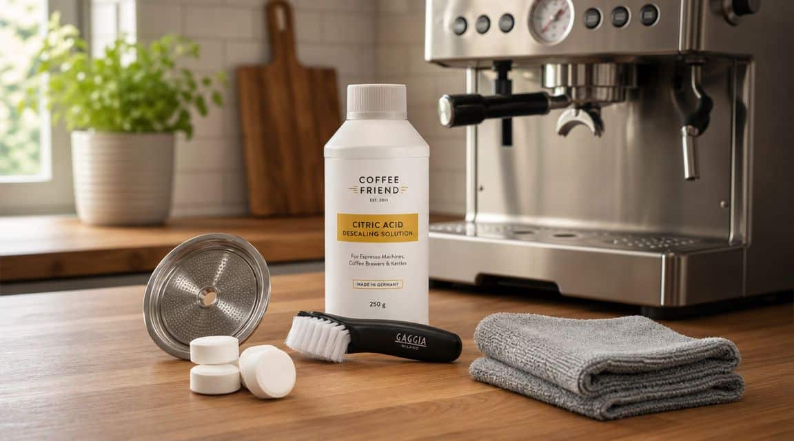Citric acid descaling solution, brush, and microfiber cloth for coffee machine cleaning