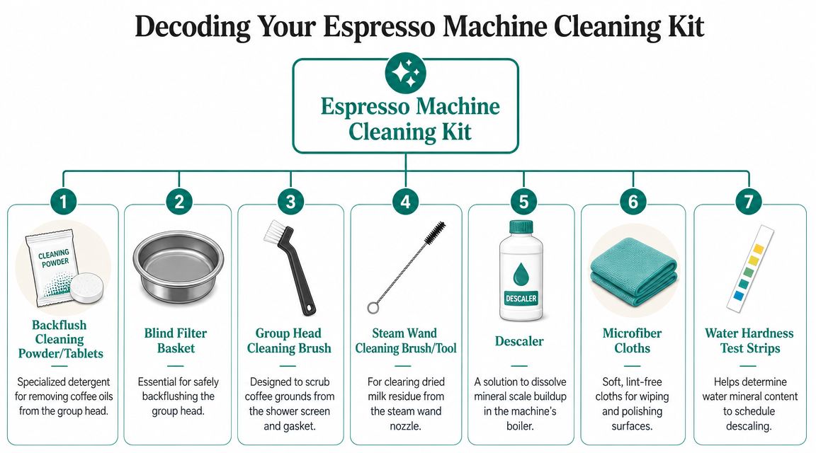 A diagram outlining the seven essential components found in an espresso machine cleaning kit for maintenance.