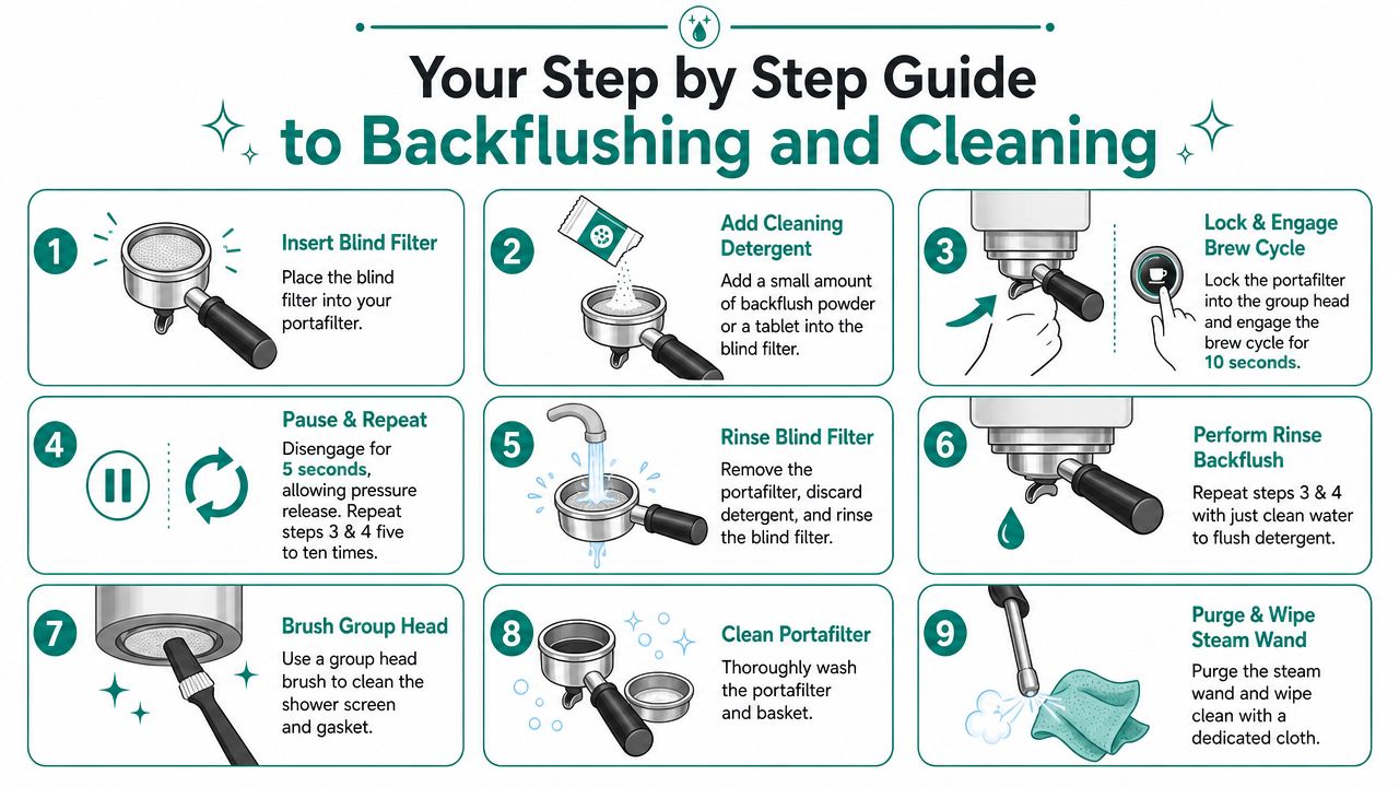 A nine-step infographic guide illustrating the process of backflushing and cleaning an espresso machine portafilter and components.