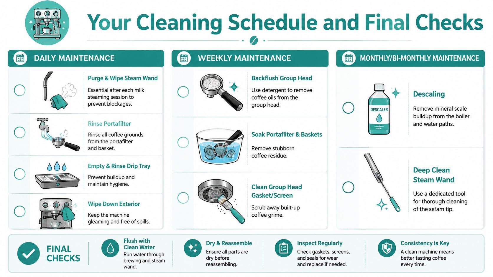 An instructional infographic detailing daily, weekly, and monthly maintenance steps for keeping an espresso machine clean.