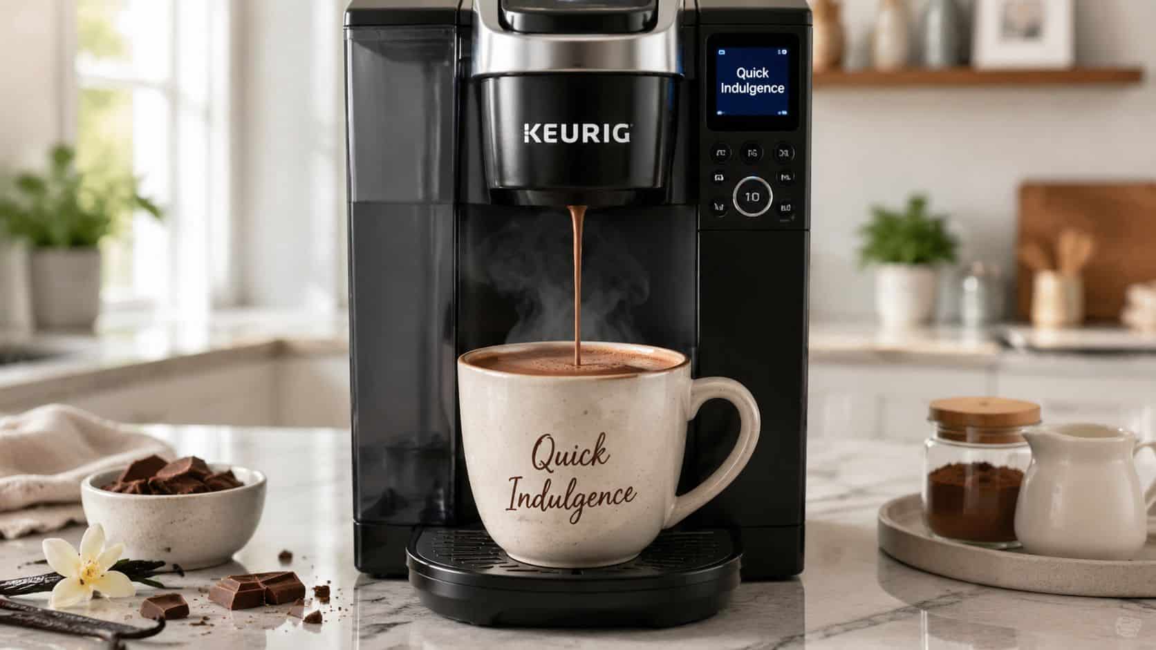 A Keurig coffee machine dispensing hot chocolate into a mug labeled Quick Indulgence on a kitchen counter.
