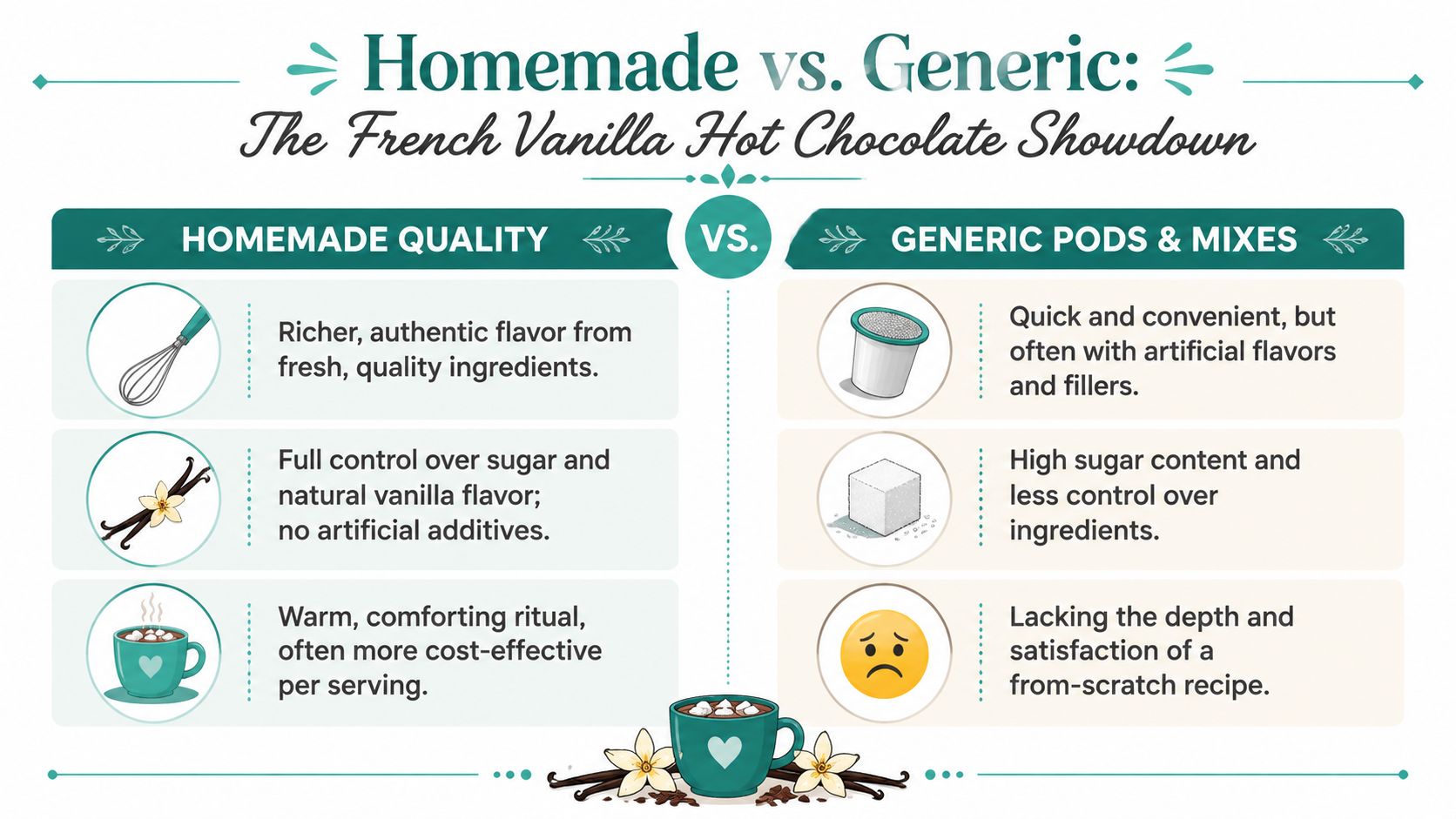 A comparison infographic between homemade French vanilla hot chocolate and generic store-bought pods and mixes.