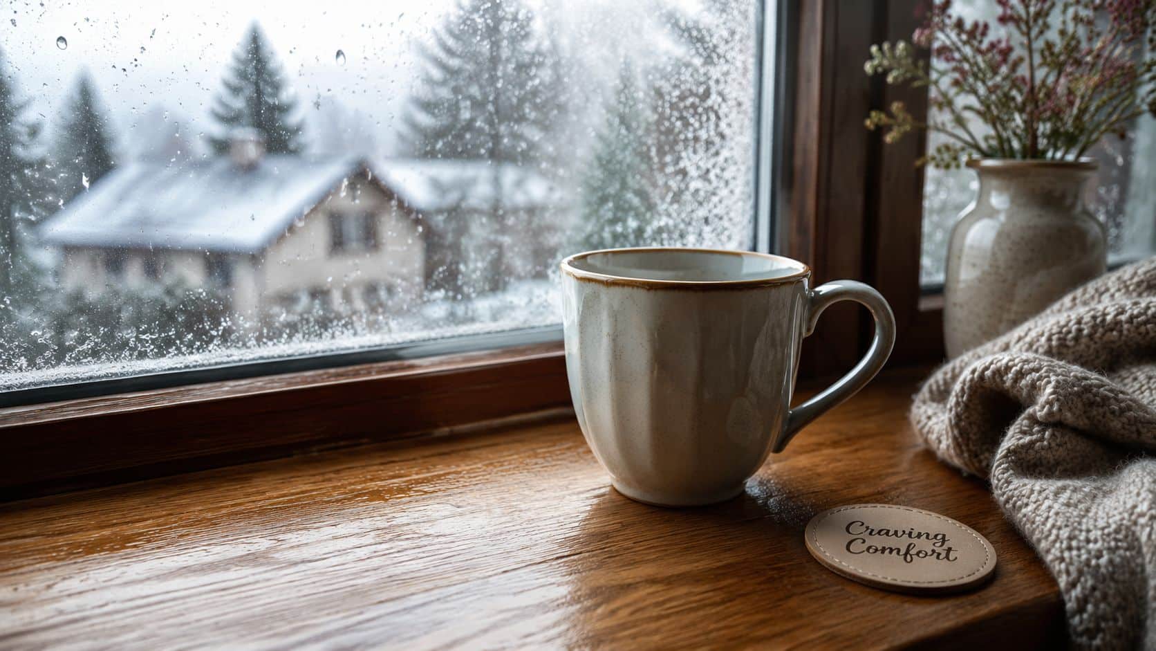 A warm mug of french vanilla hot chocolate sits on a wooden windowsill beside a cozy sweater.