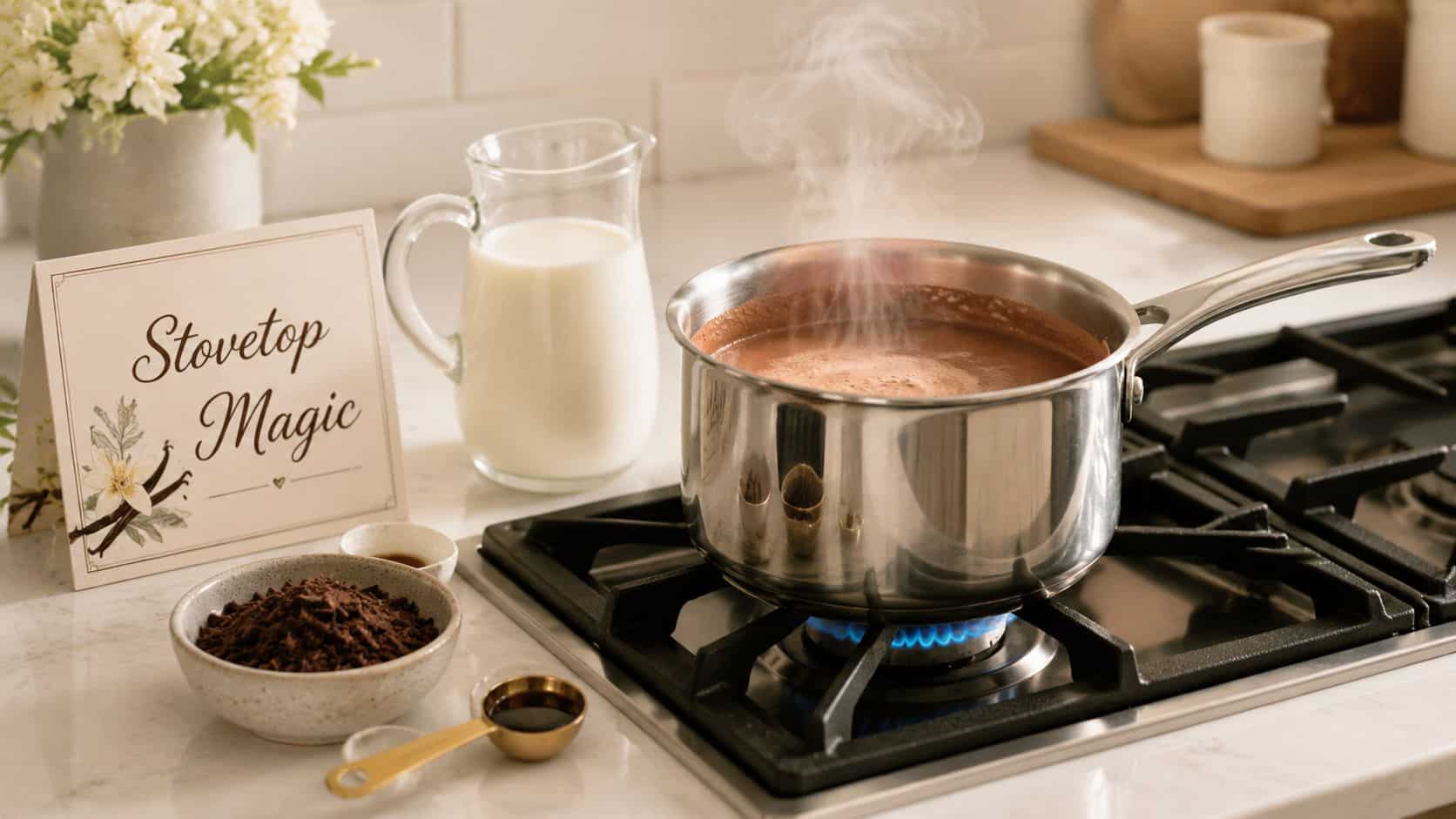 A saucepan of hot chocolate steams on a gas stove next to a pitcher of milk and ingredients.
