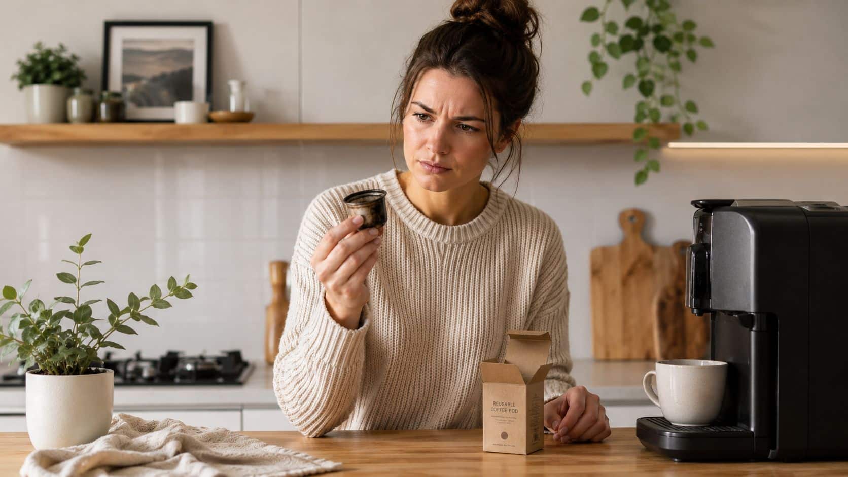 A woman looks skeptically at a small reusable coffee pod while sitting at her kitchen counter.