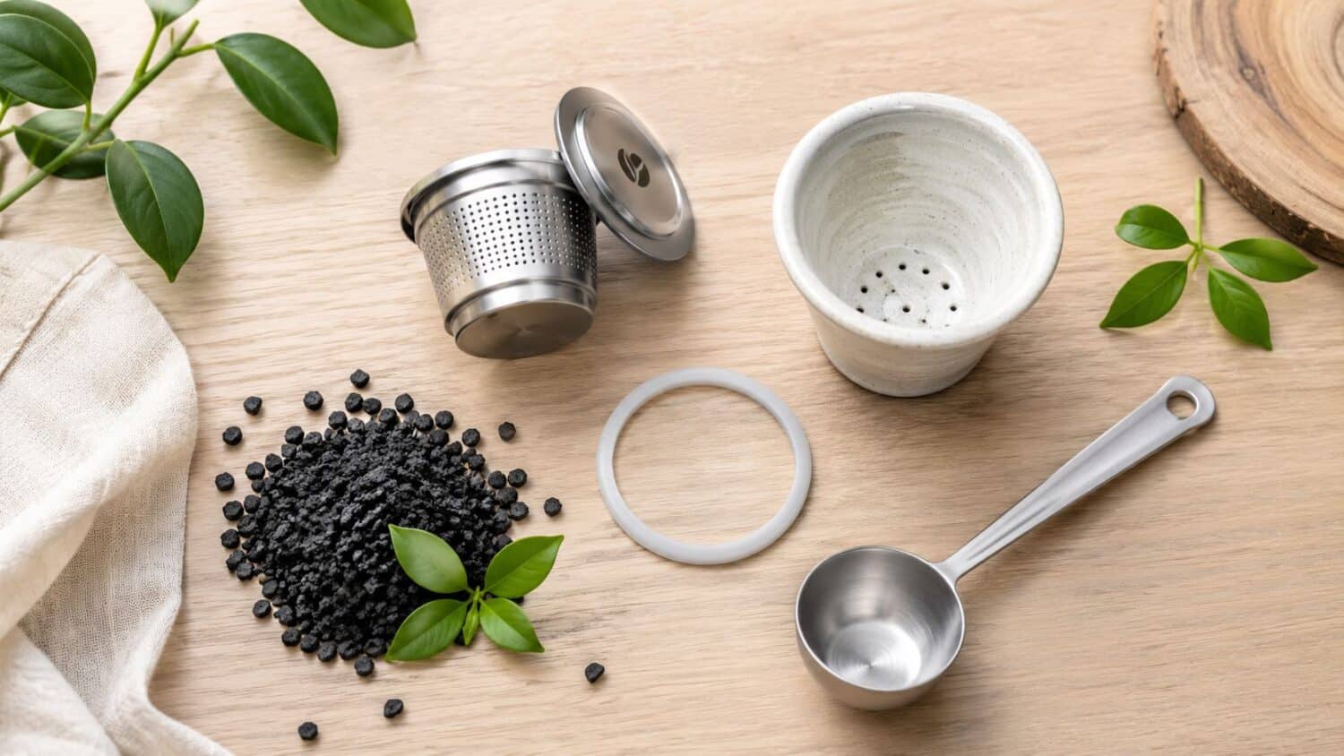 Elderberry syrup ingredients: elderberries, strainer, scoop, and ceramic cup