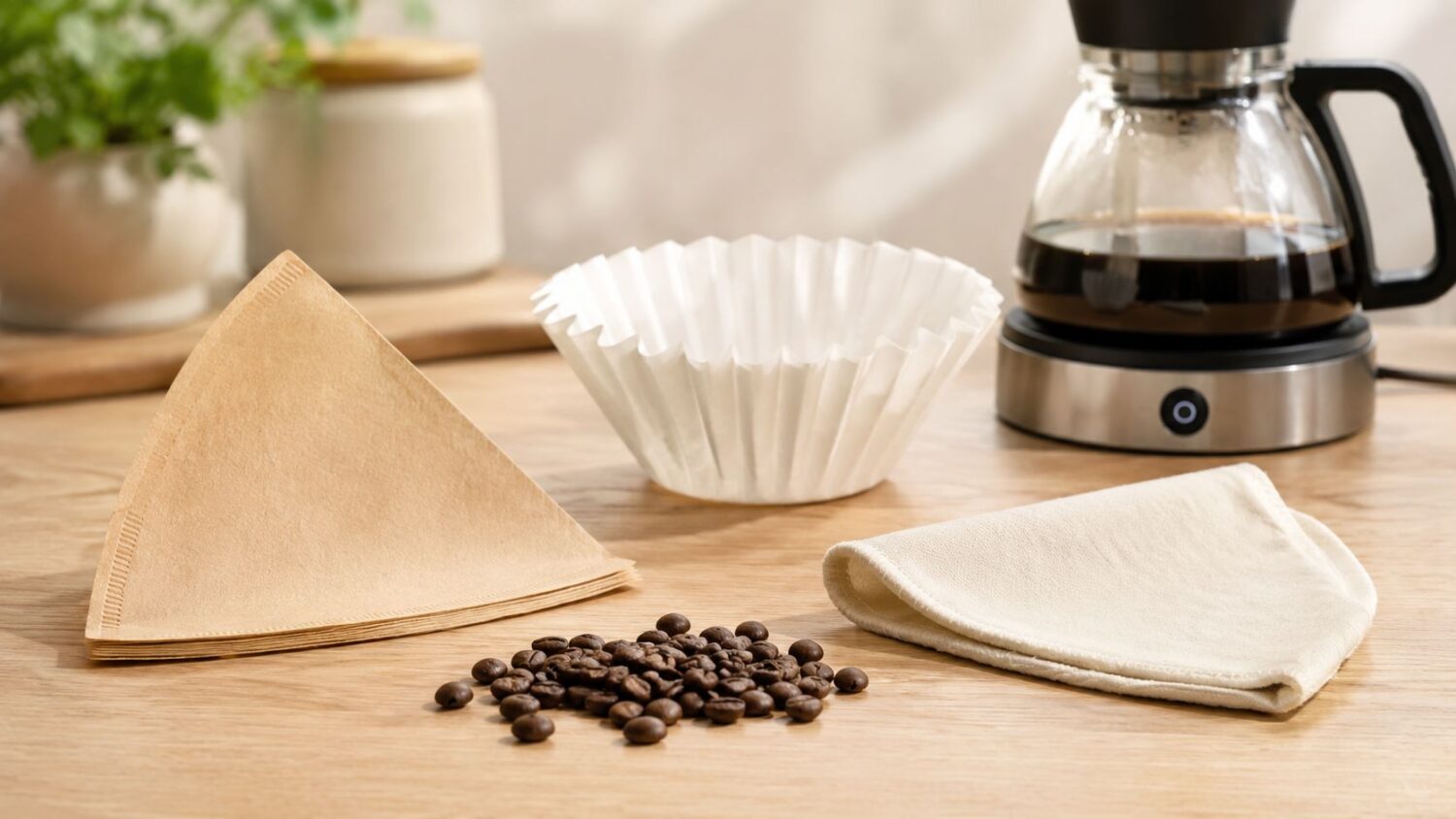 Coffee brewing supplies: paper filters, reusable filter, and coffee beans