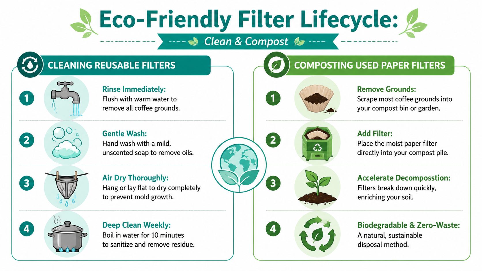 An infographic showing instructions for cleaning reusable coffee filters and composting used paper coffee filters.