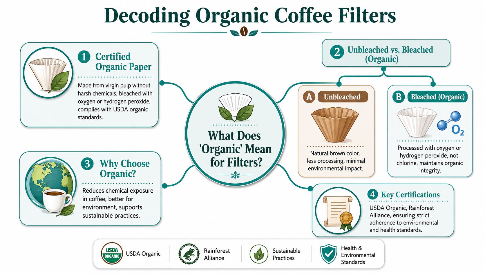 An infographic titled Decoding Organic Coffee Filters explaining the benefits and certification standards of organic paper coffee filters.