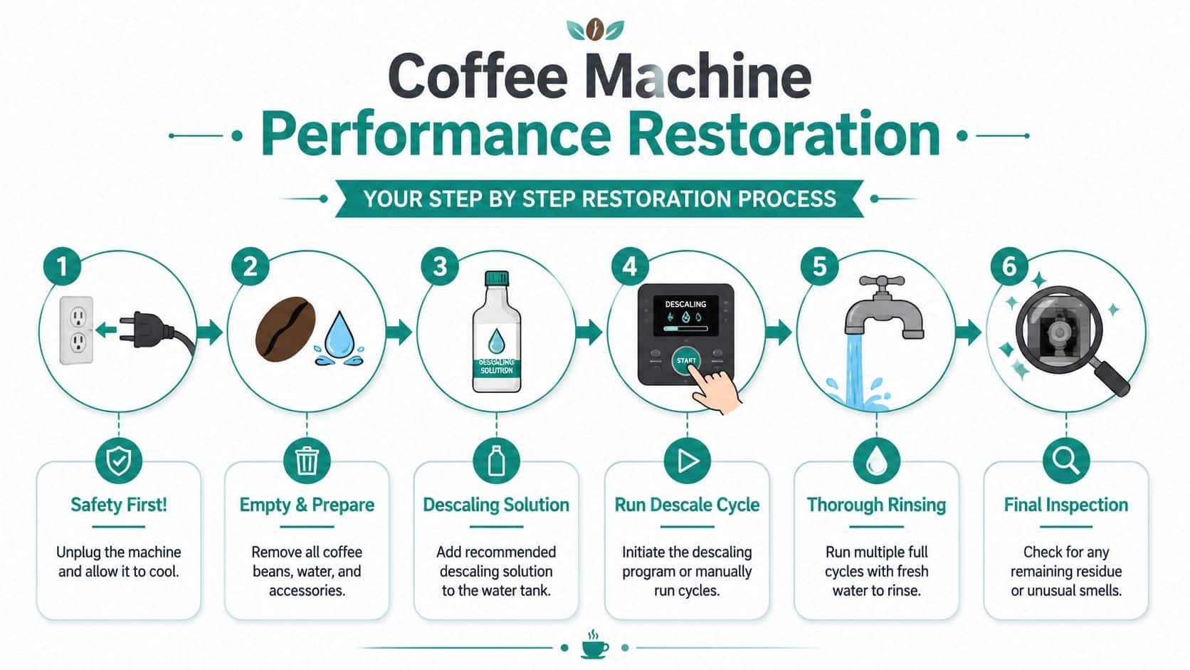 A six-step infographic illustrating the performance restoration process for cleaning and descaling a coffee machine properly.