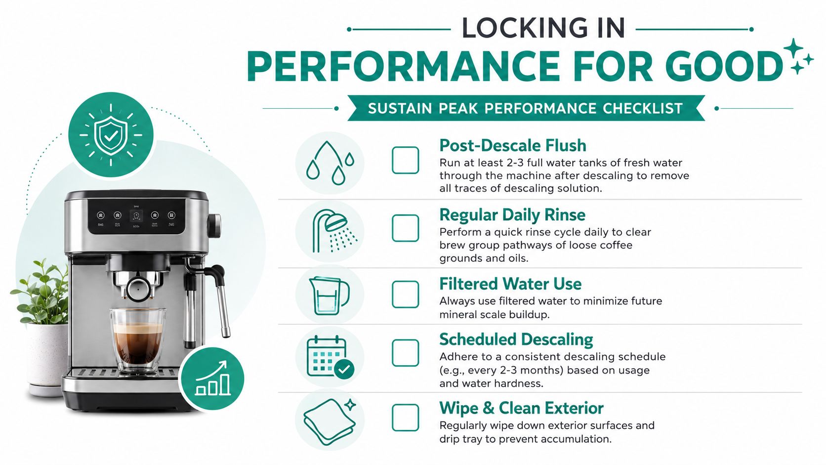 A checklist infographic displaying maintenance tips for ensuring the peak performance of an espresso coffee machine.