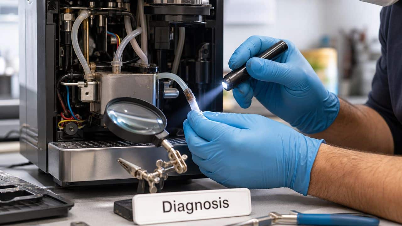 A technician wearing blue gloves uses a flashlight to inspect internal tubing of a disassembled coffee machine.