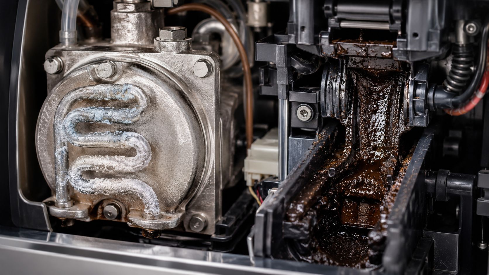 Close up view of the internal components of a dirty espresso machine requiring cleaning and maintenance services.