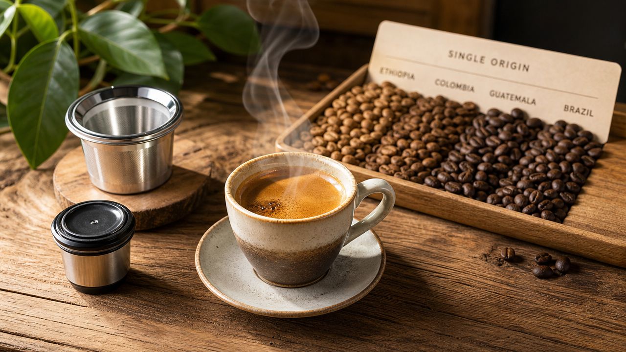 Steaming cup of coffee with single origin beans: Ethiopia, Colombia, Guatemala, Brazil