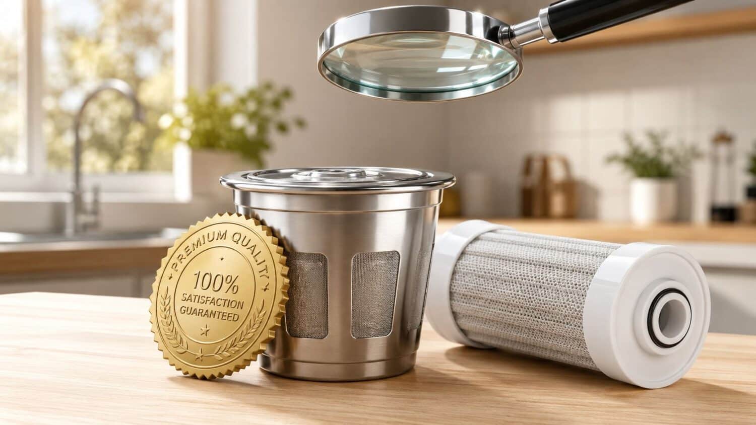 Stainless steel coffee filter with a magnifying glass and a gold quality seal
