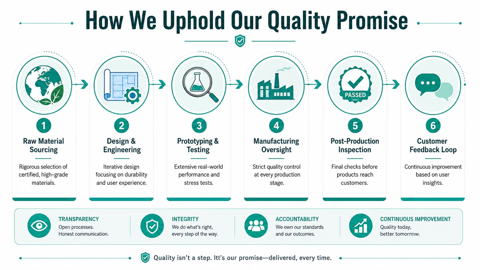 A six-step infographic illustrating a business process for upholding quality standards from sourcing to customer feedback.