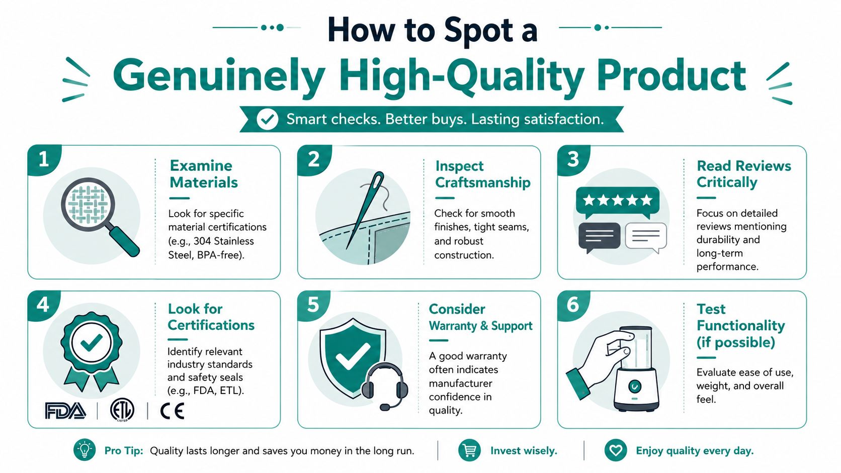 An infographic titled How to Spot a Genuinely High-Quality Product with six numbered steps for consumers.