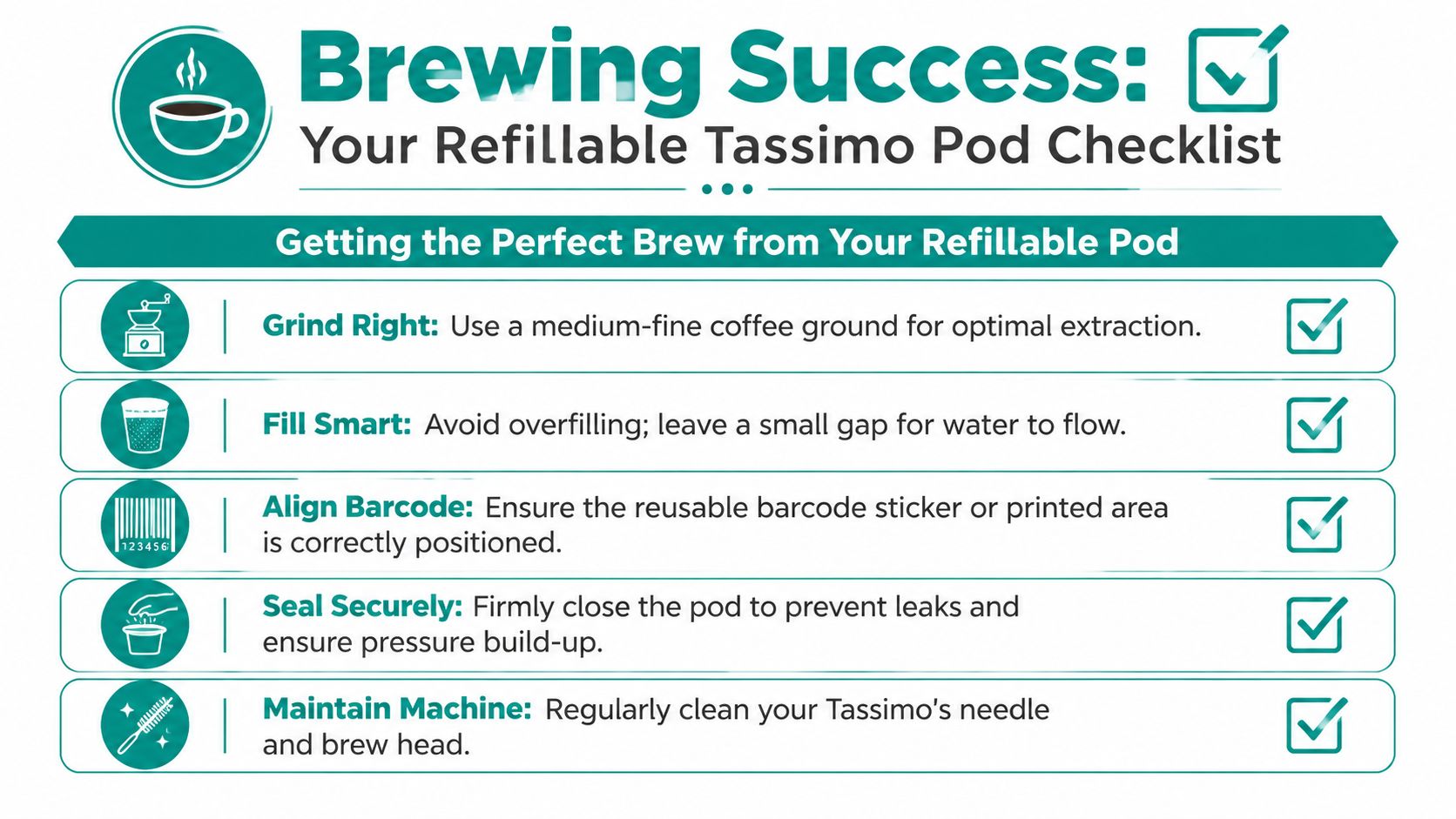 A helpful infographic checklist for achieving the perfect brew using reusable coffee pods for Tassimo machines.