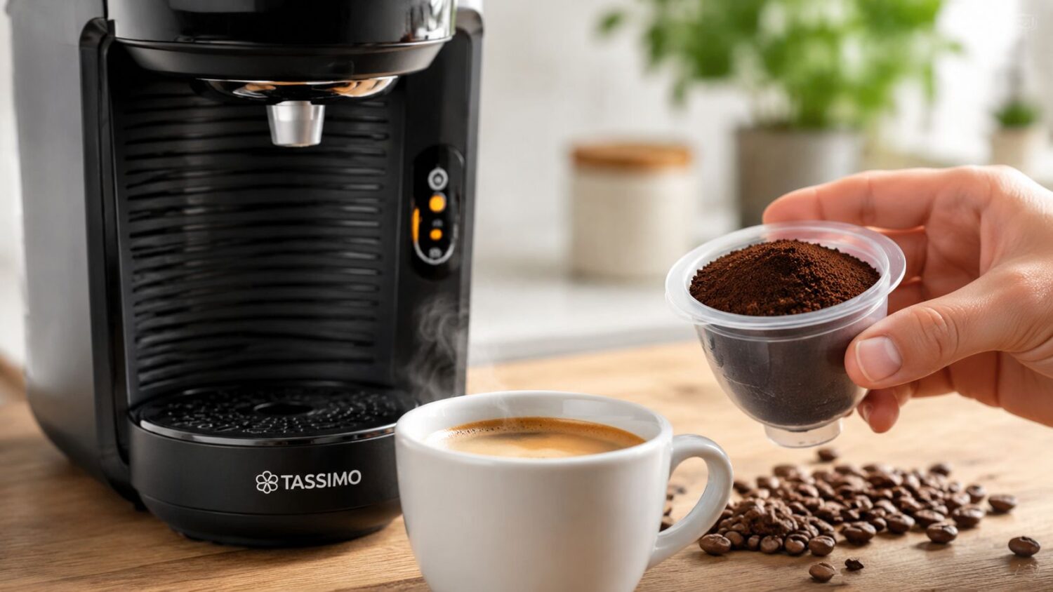 Tassimo coffee machine with coffee grounds and a fresh espresso