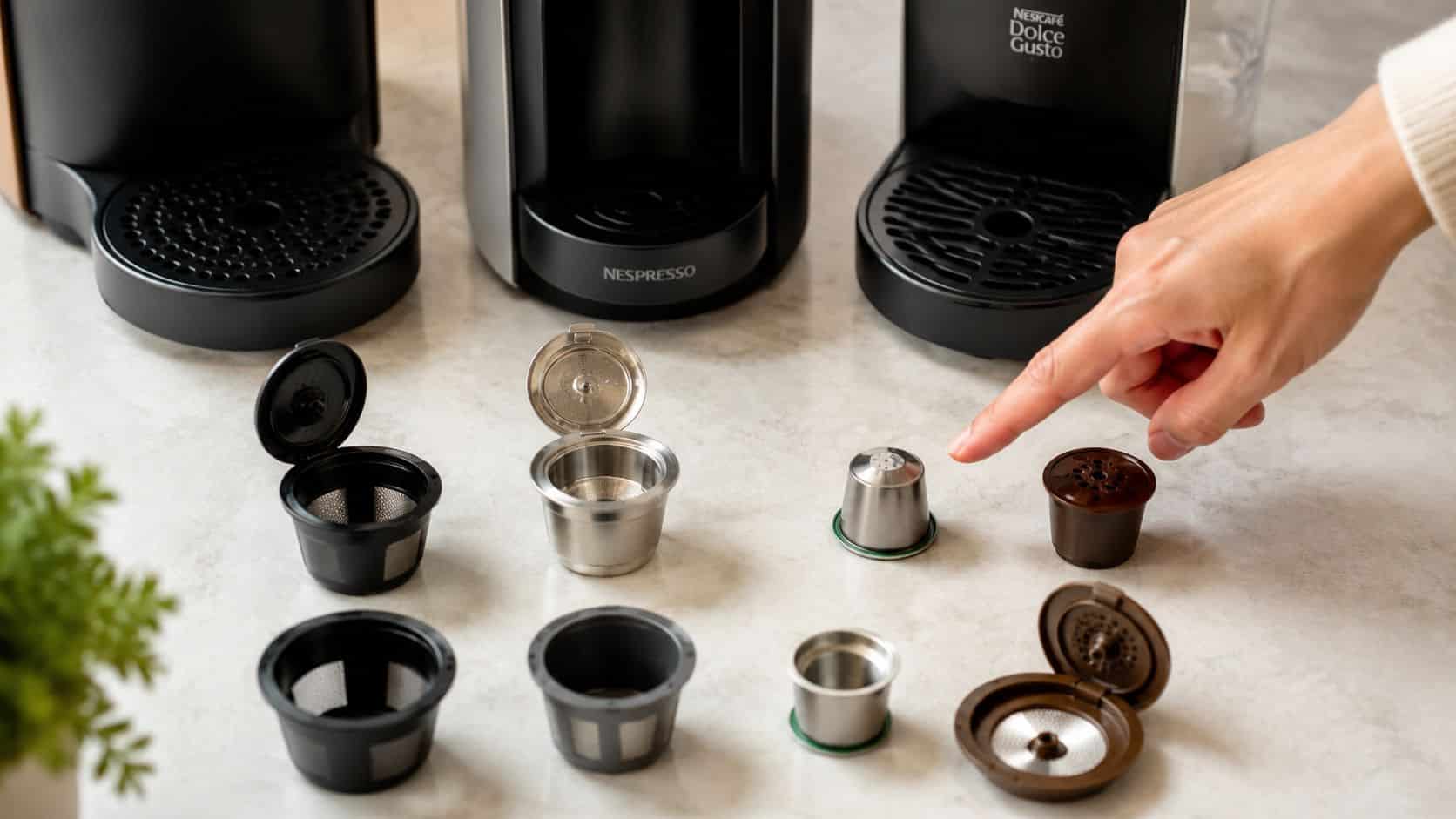 A hand pointing at various reusable and disposable coffee capsules arranged on a table with coffee machines.