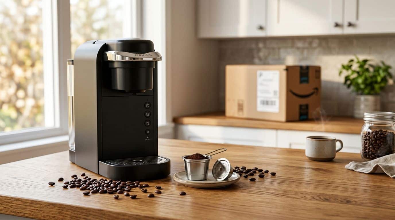 Black Keurig coffee maker on a wooden countertop with coffee beans and an Amazon package