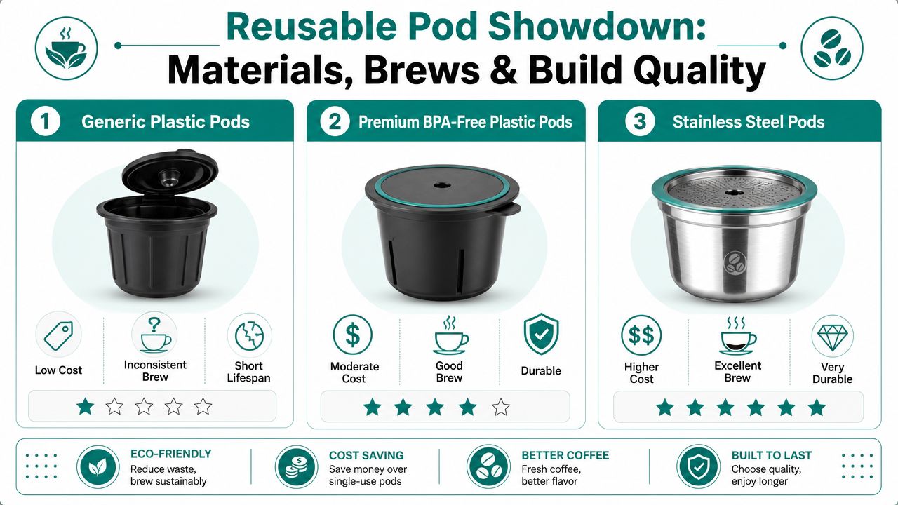 A comparison chart of three types of reusable coffee pods, evaluating cost, brew quality, and durability.