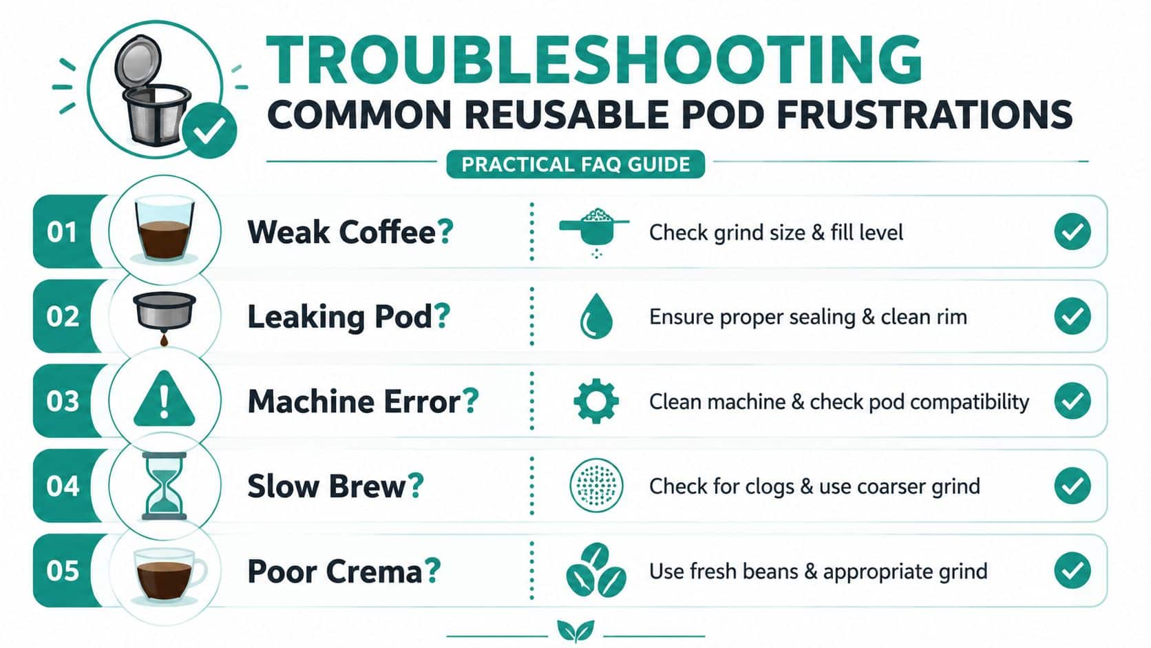 A troubleshooting guide infographic for common issues with reusable coffee pods, featuring five tips for optimal brewing.