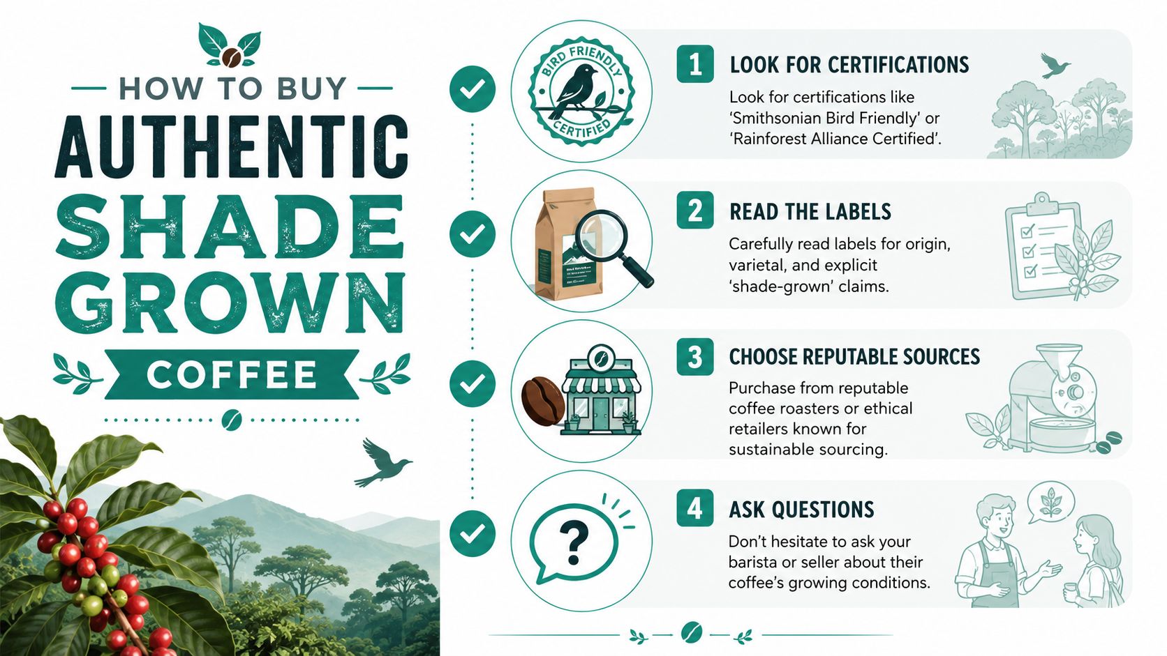 An infographic titled How to Buy Authentic Shade Grown Coffee featuring four tips with icons and illustrations.