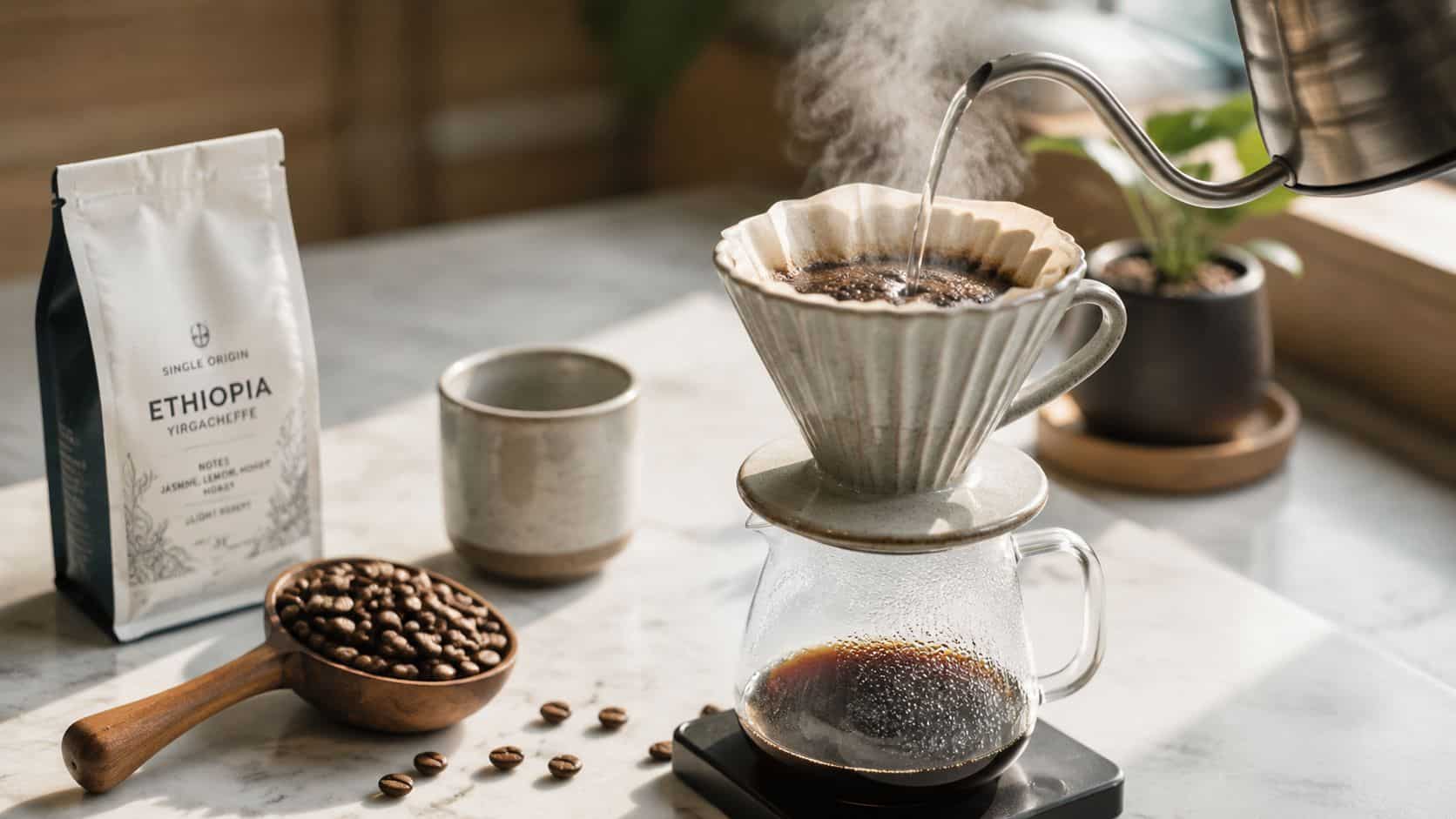 A steaming pour over coffee brewing process featuring fresh roasted shade grown arabica coffee beans and equipment.