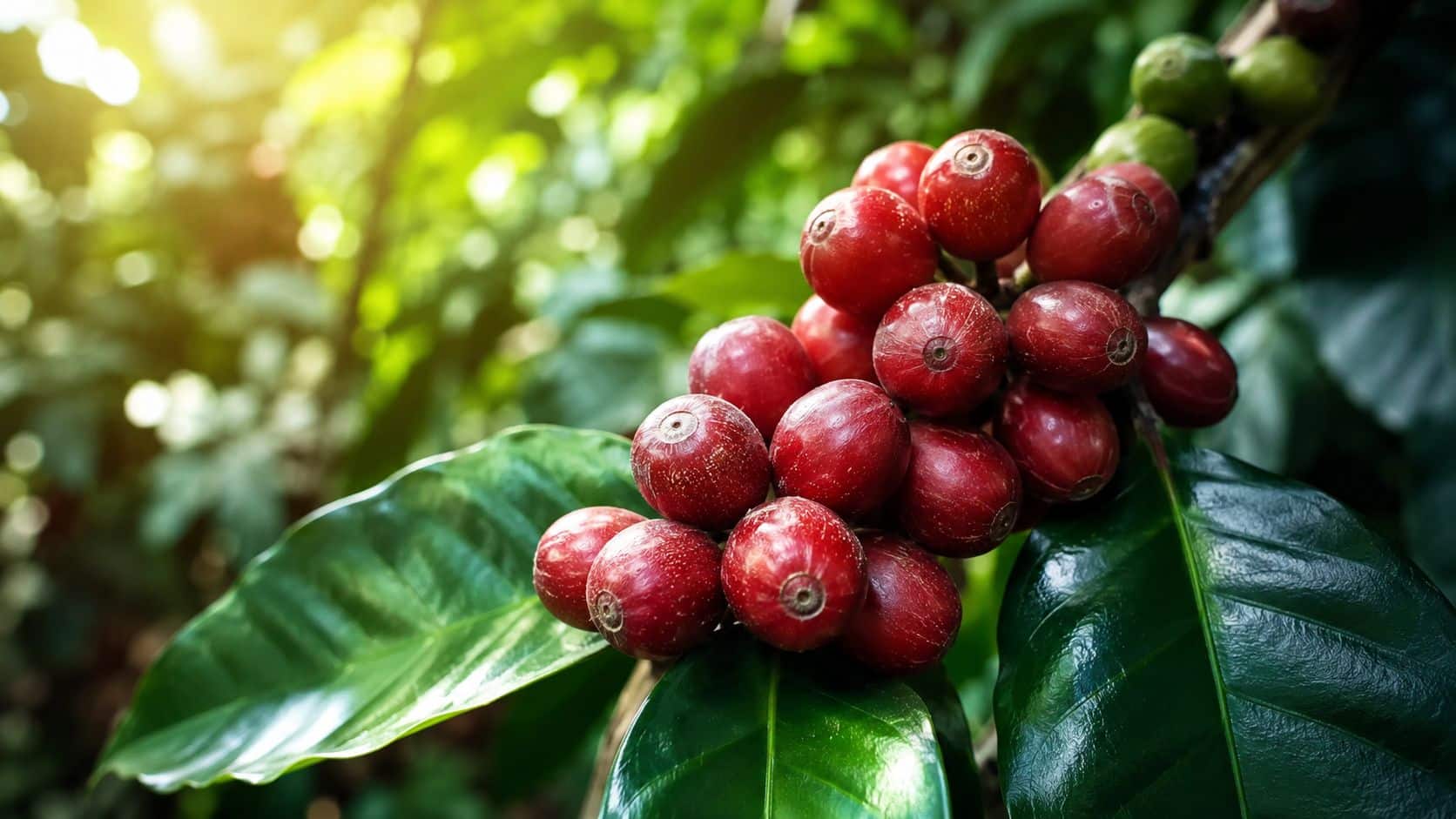 A cluster of vibrant red coffee cherries hanging on a branch in a sunlit coffee plantation.
