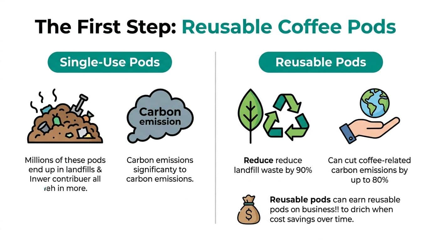 A comparison chart highlighting the environmental and economic benefits of using reusable coffee pods over single-use options.