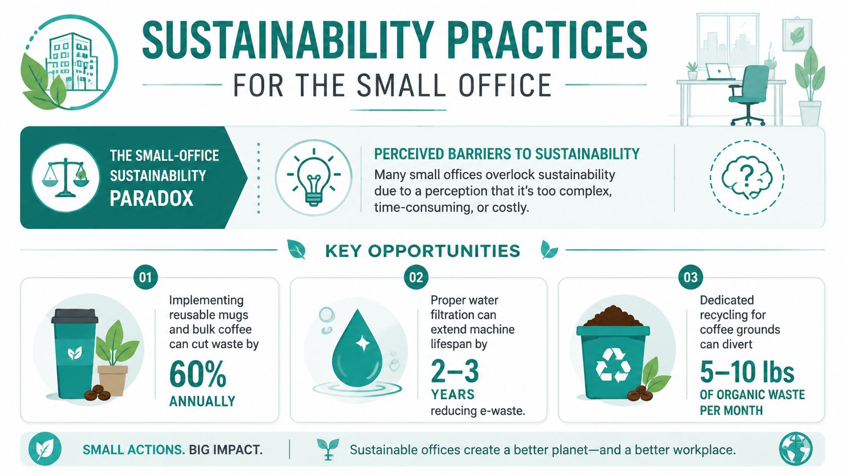 An infographic detailing small office sustainability practices including reducing waste, water filtration benefits, and coffee ground recycling.