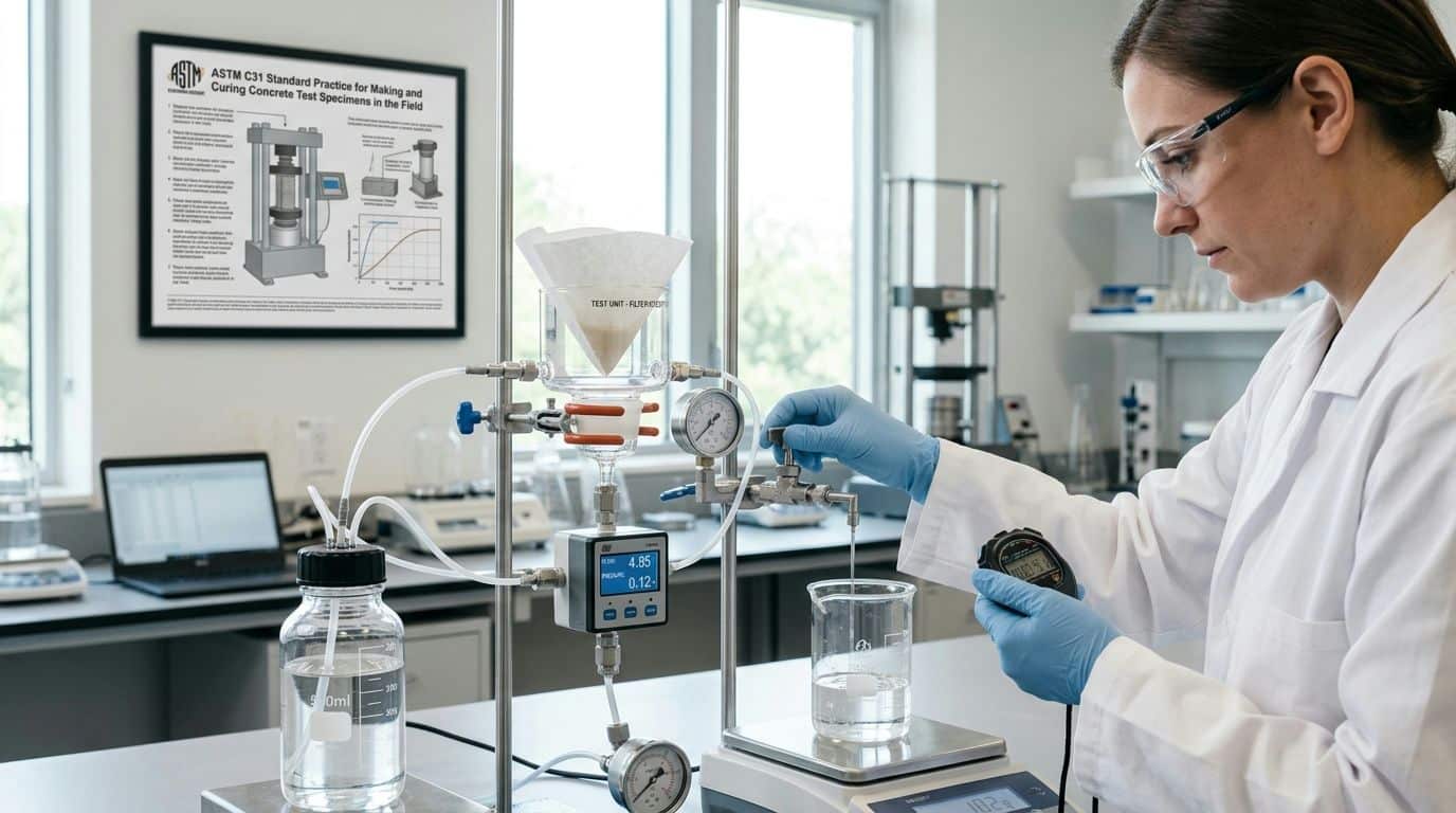 A female scientist in a laboratory conducting concrete material analysis using specialized filtration equipment and a timer.