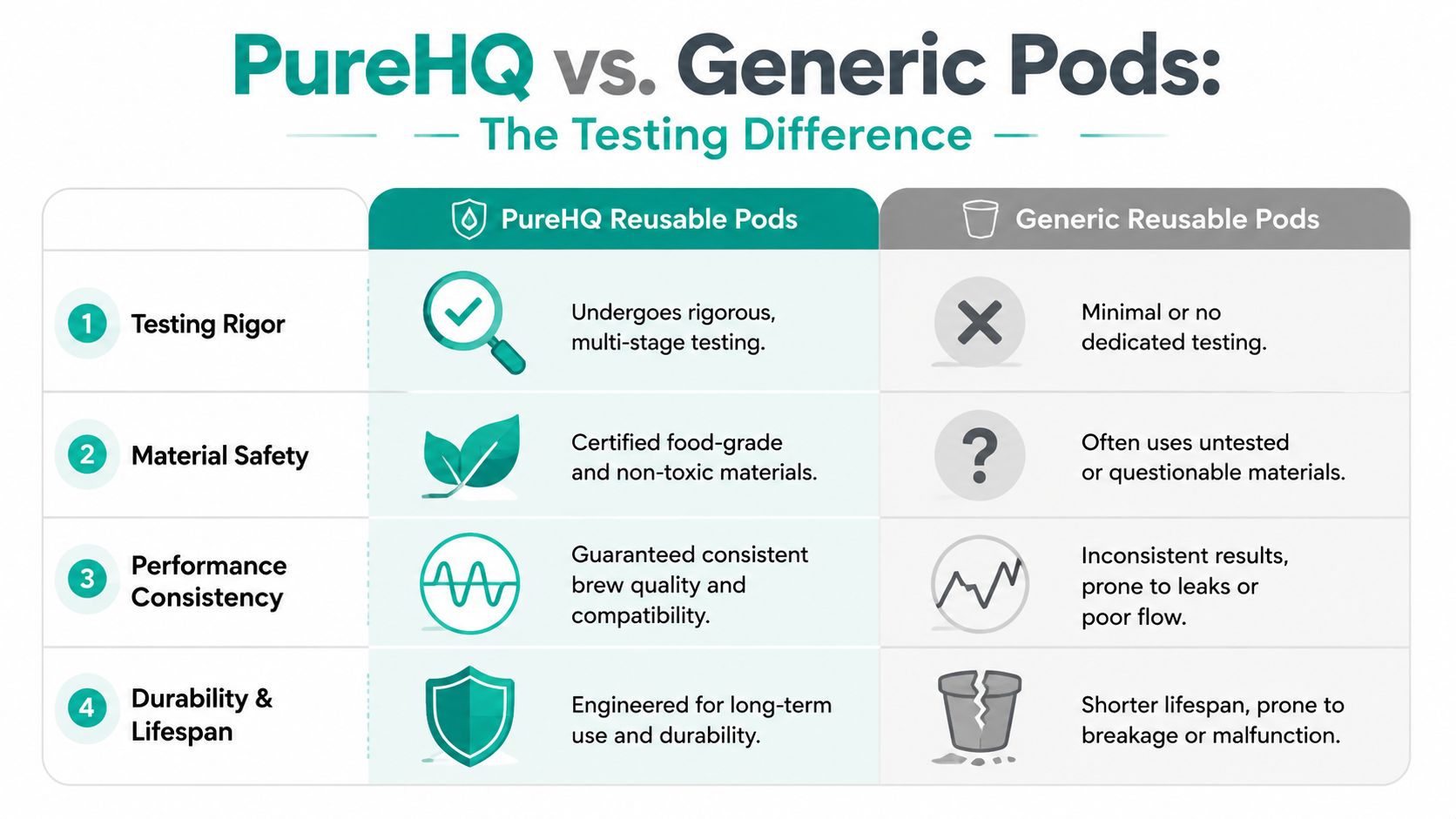 A comparison chart showing the testing, safety, and durability differences between PureHQ reusable coffee pods and generic alternatives.