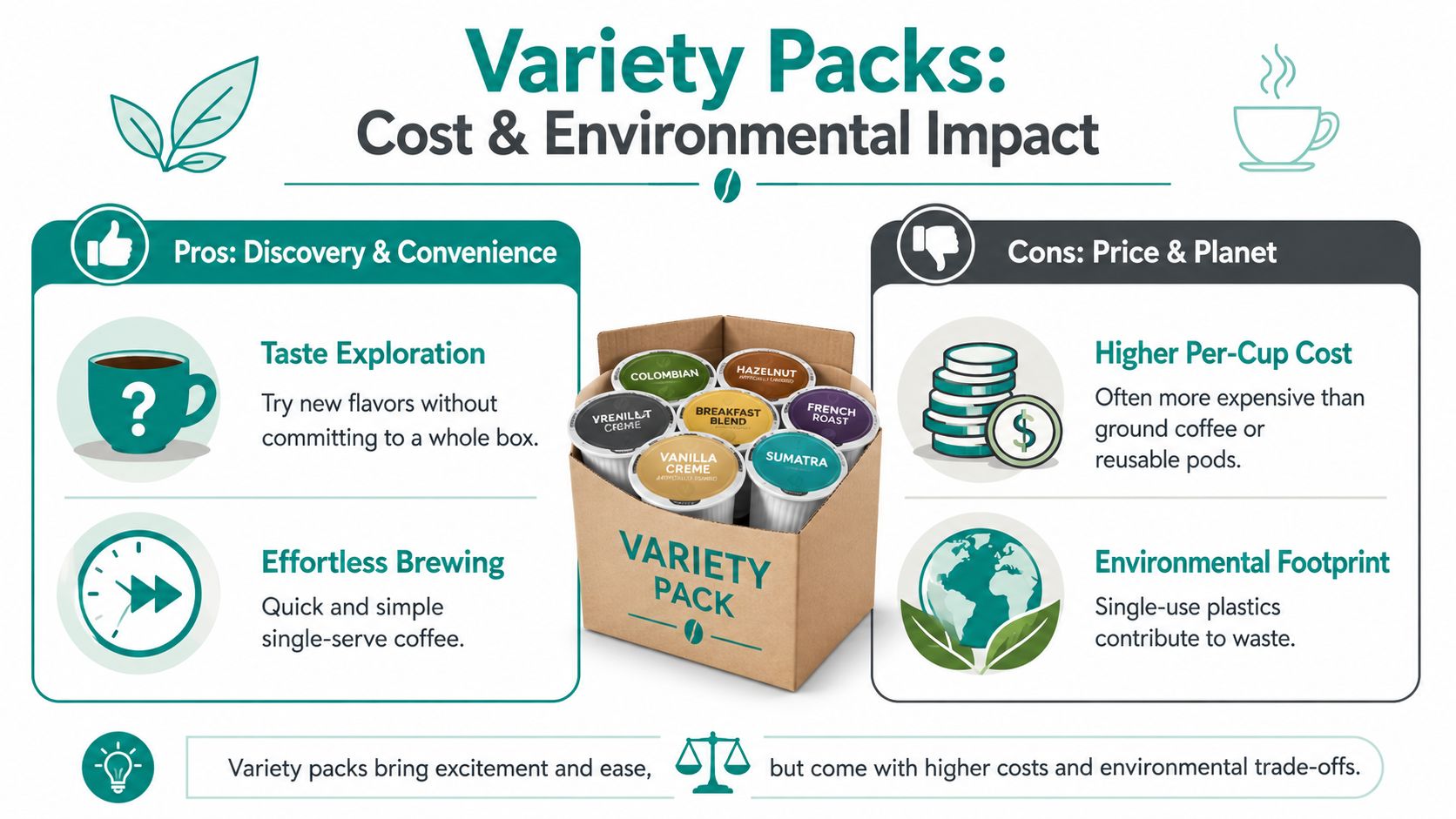 An infographic comparing the pros and cons of coffee variety packs, focusing on cost and environmental impact.