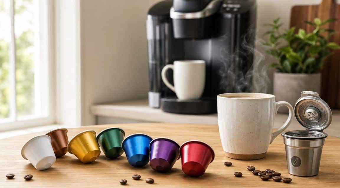 Colorful coffee pods and reusable filter beside a Keurig machine and mug