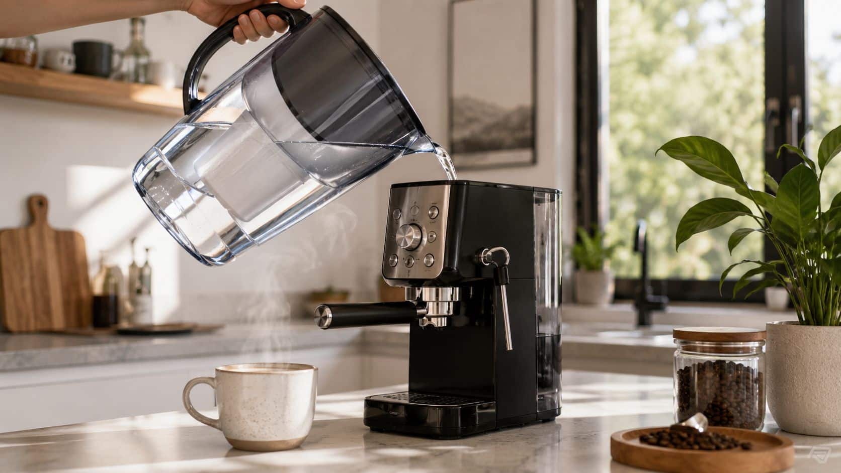 A hand pouring water from a large filter jug into a black coffee machine in a kitchen.