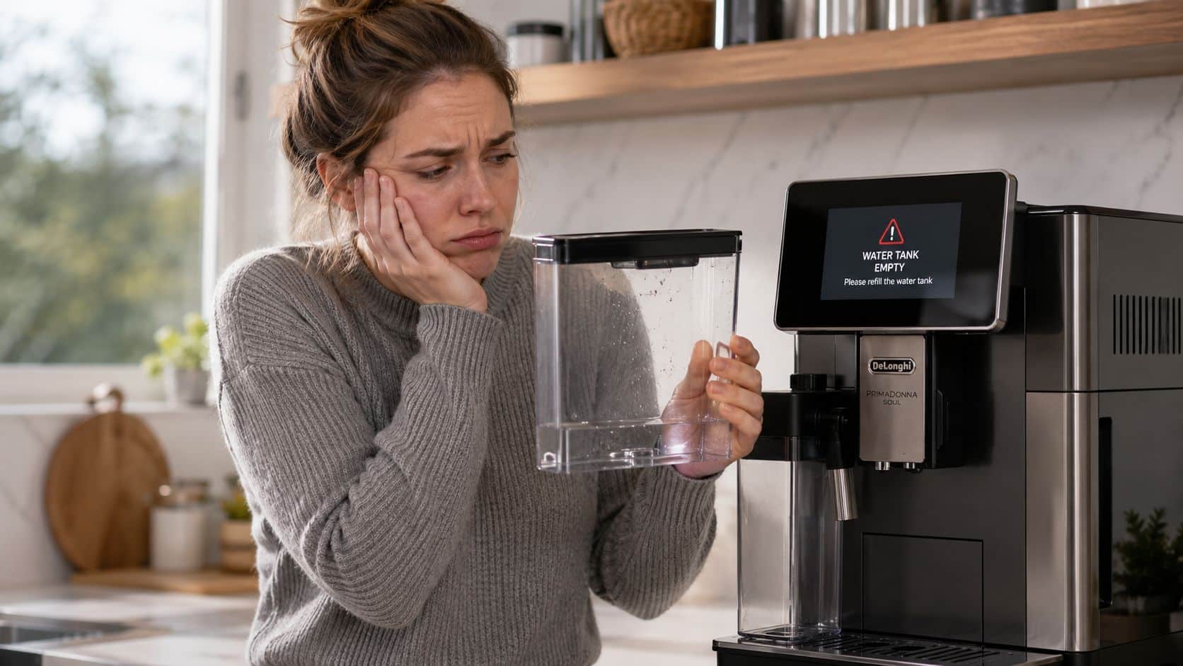 A woman looks frustrated at the empty water tank she removed from her Delonghi coffee machine.