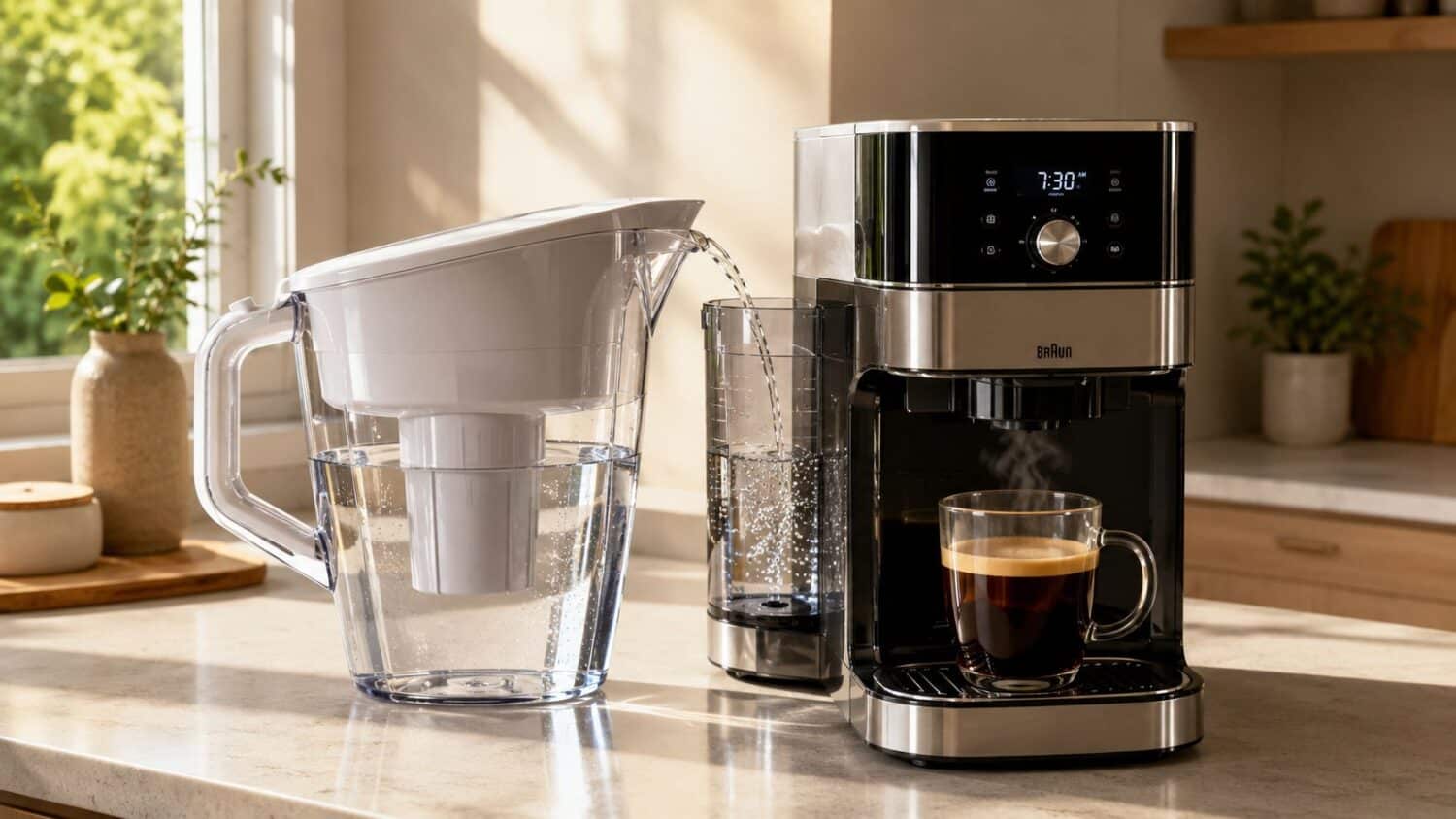 Braun coffee maker brewing fresh coffee next to a water filter pitcher