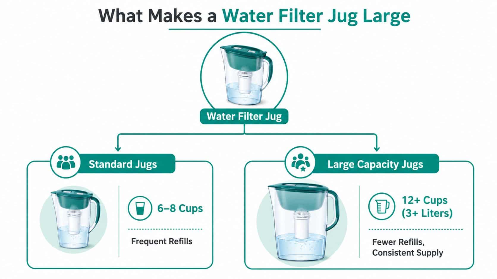An infographic comparing the capacity of standard and large water filter jugs for home use.