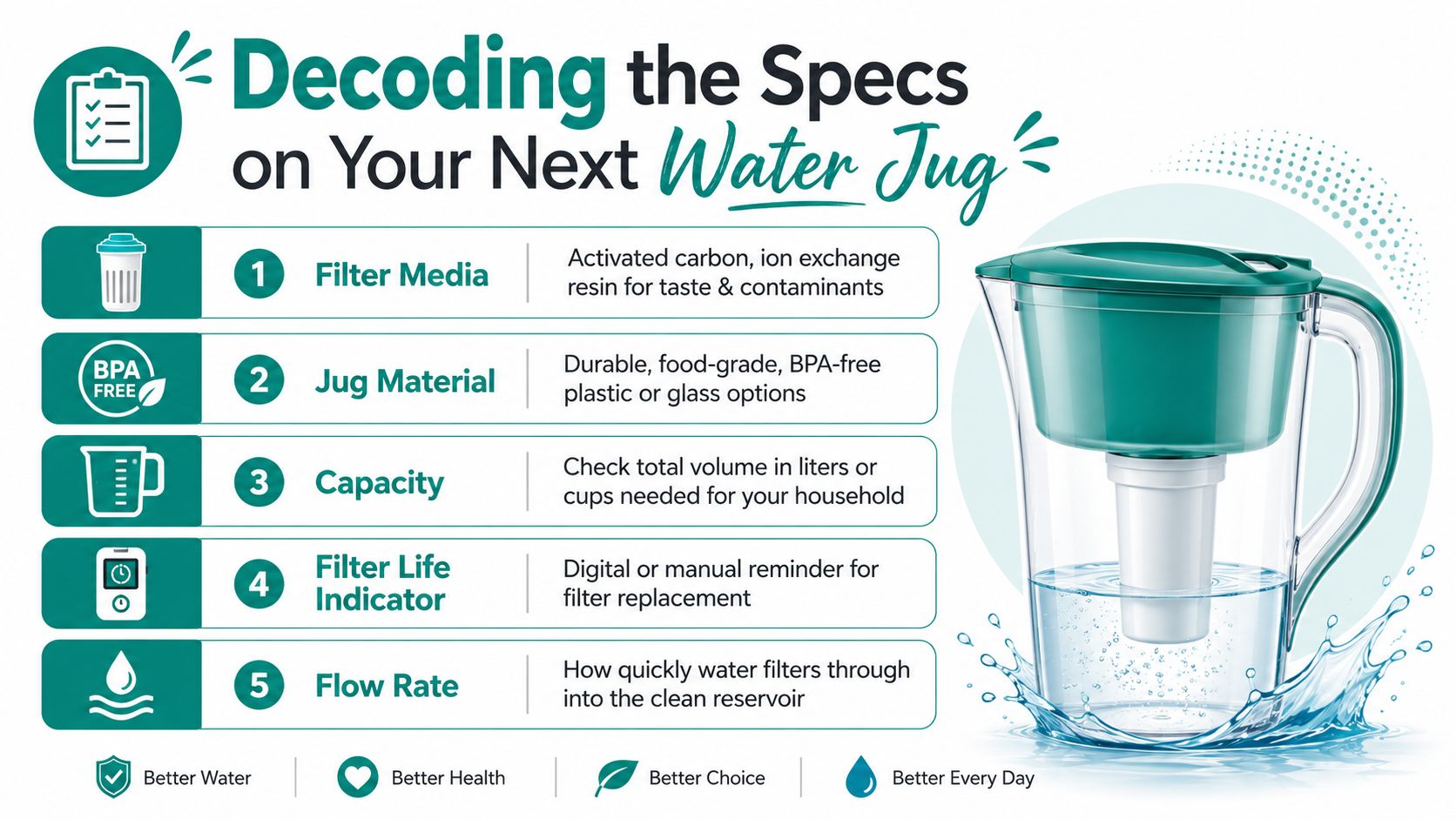 An infographic titled Decoding the Specs on Your Next Water Jug illustrating five key features to consider.