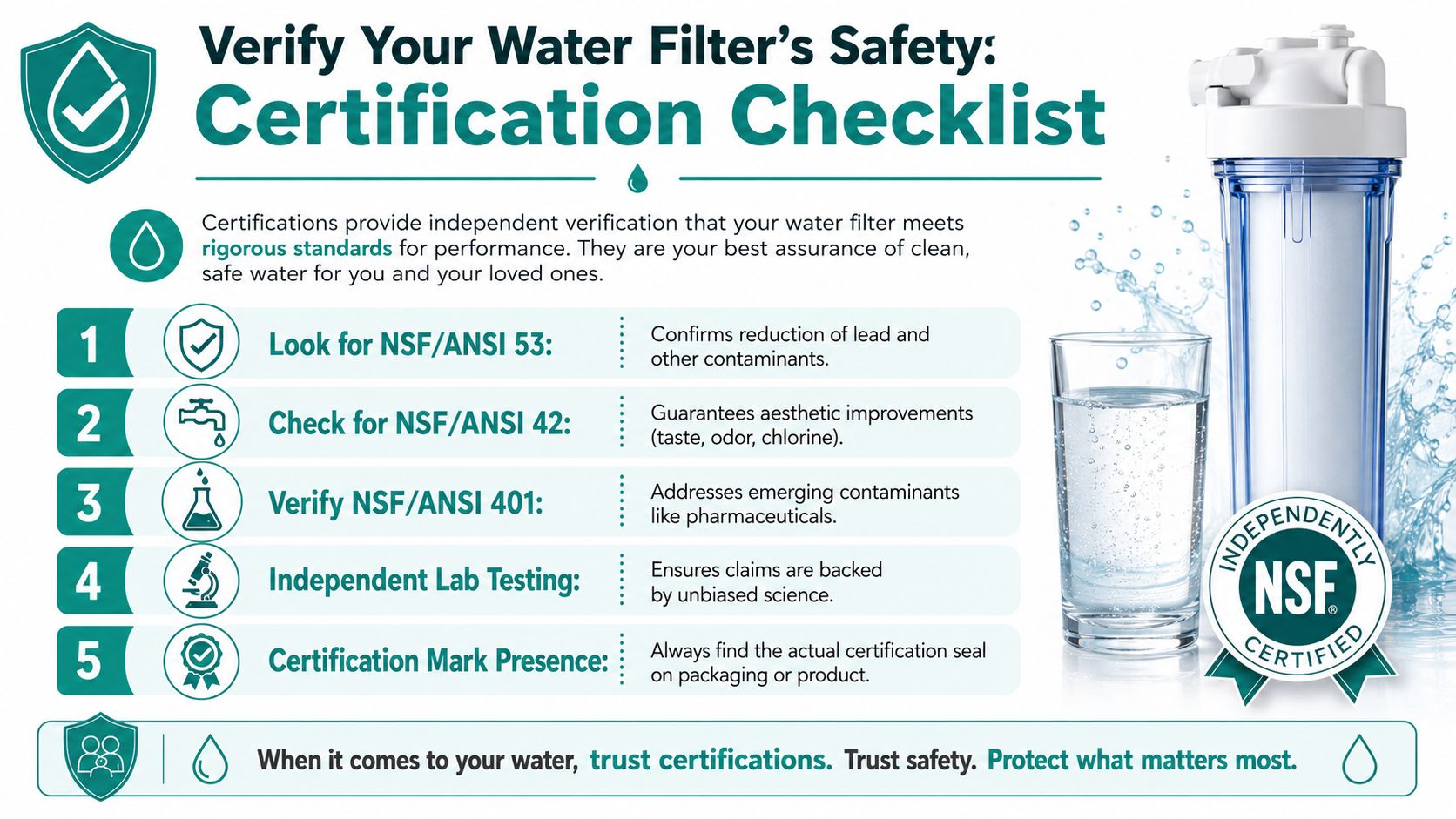 An infographic detailing a five-step checklist for verifying the safety and certification standards of water filter systems.