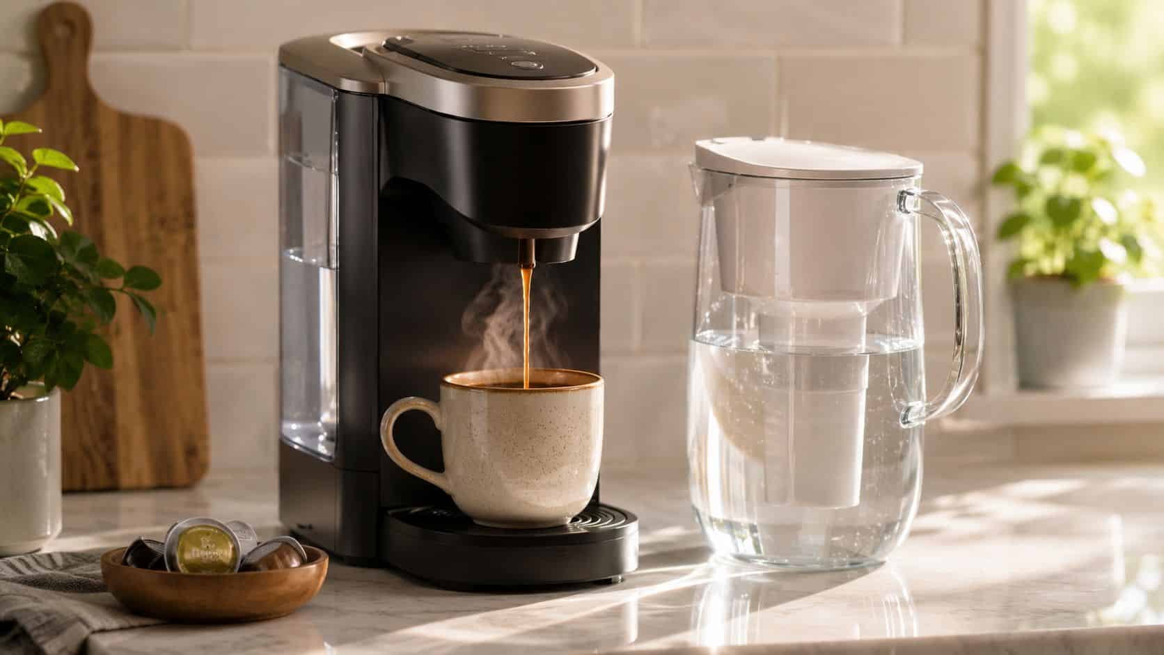 A modern coffee maker brewing hot coffee next to a water filter pitcher on a marble countertop.