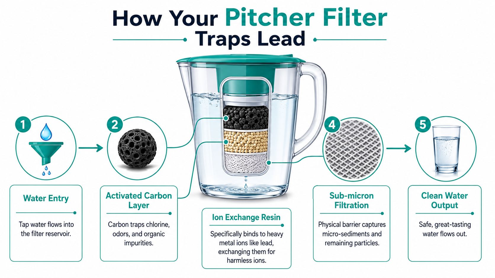 A diagram illustrating the step-by-step water purification process inside a home water filter pitcher.