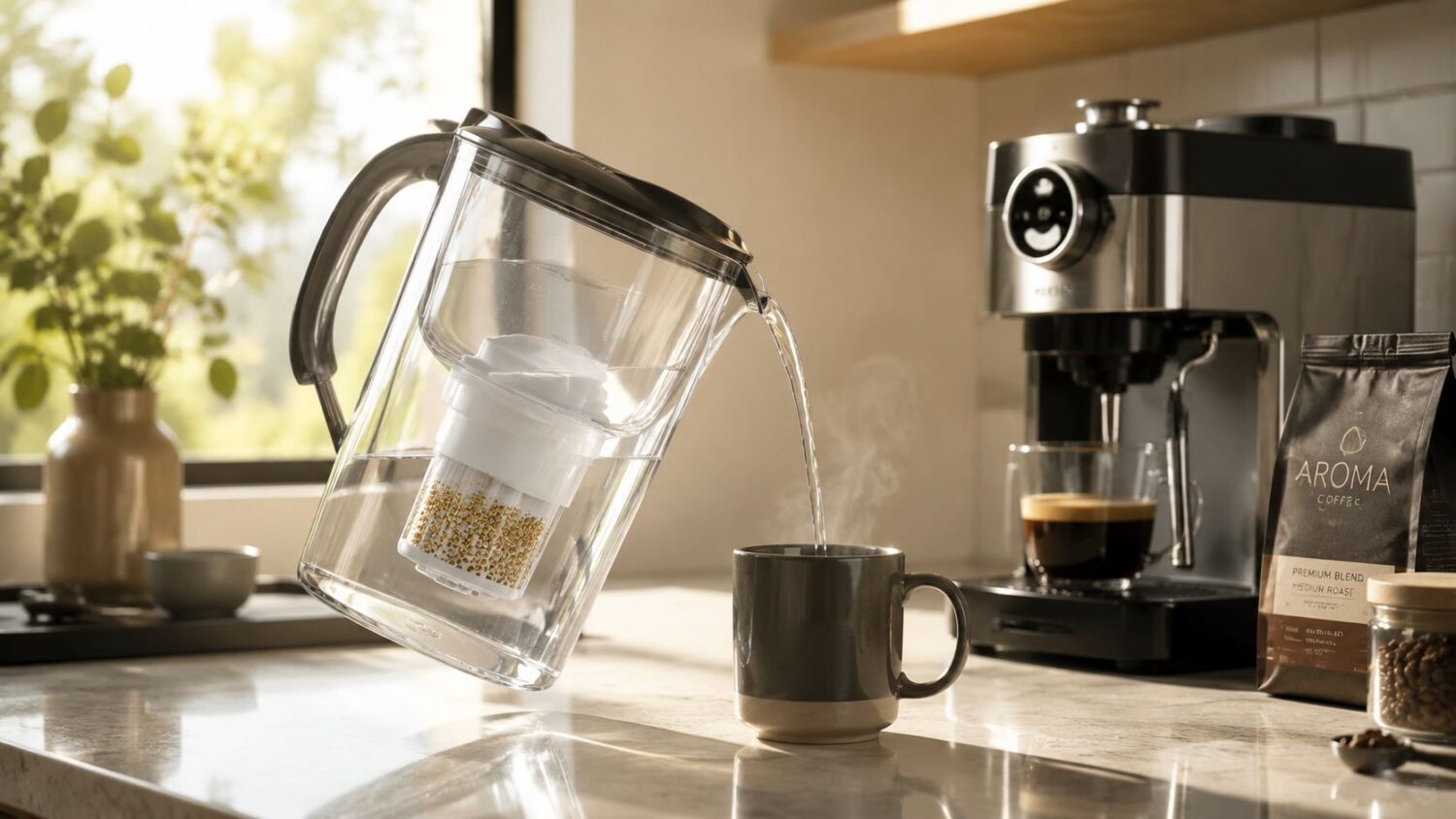 Water pitcher pouring filtered water into a mug next to a coffee maker