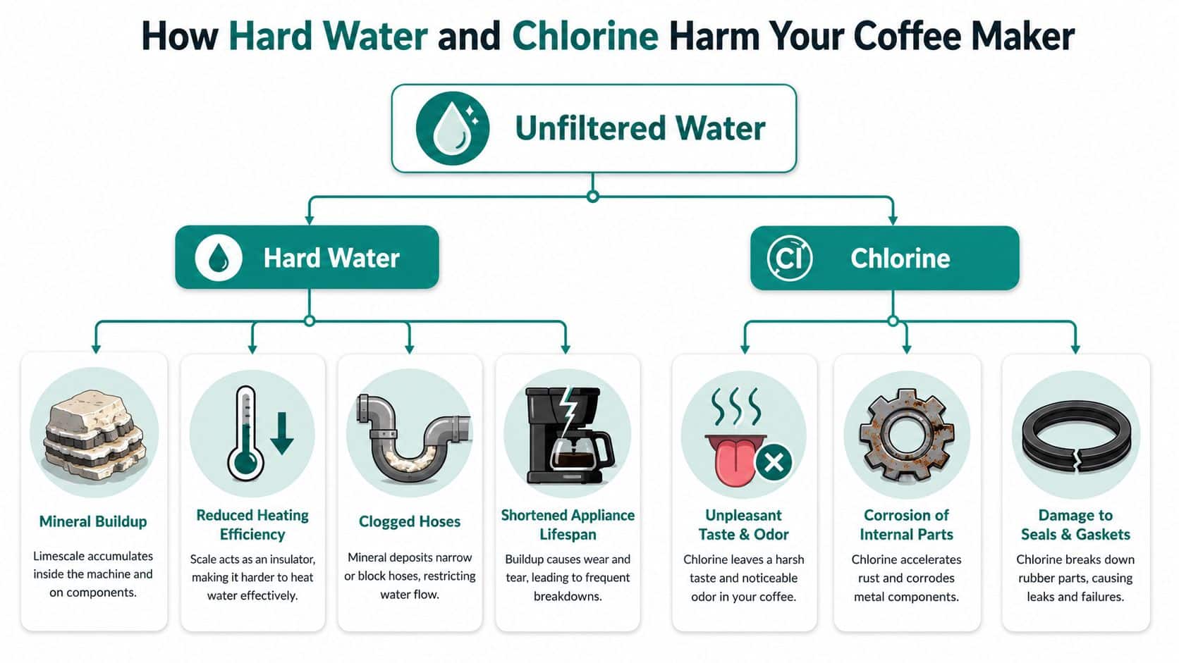 An infographic illustrating how hard water and chlorine impurities damage coffee makers over time.