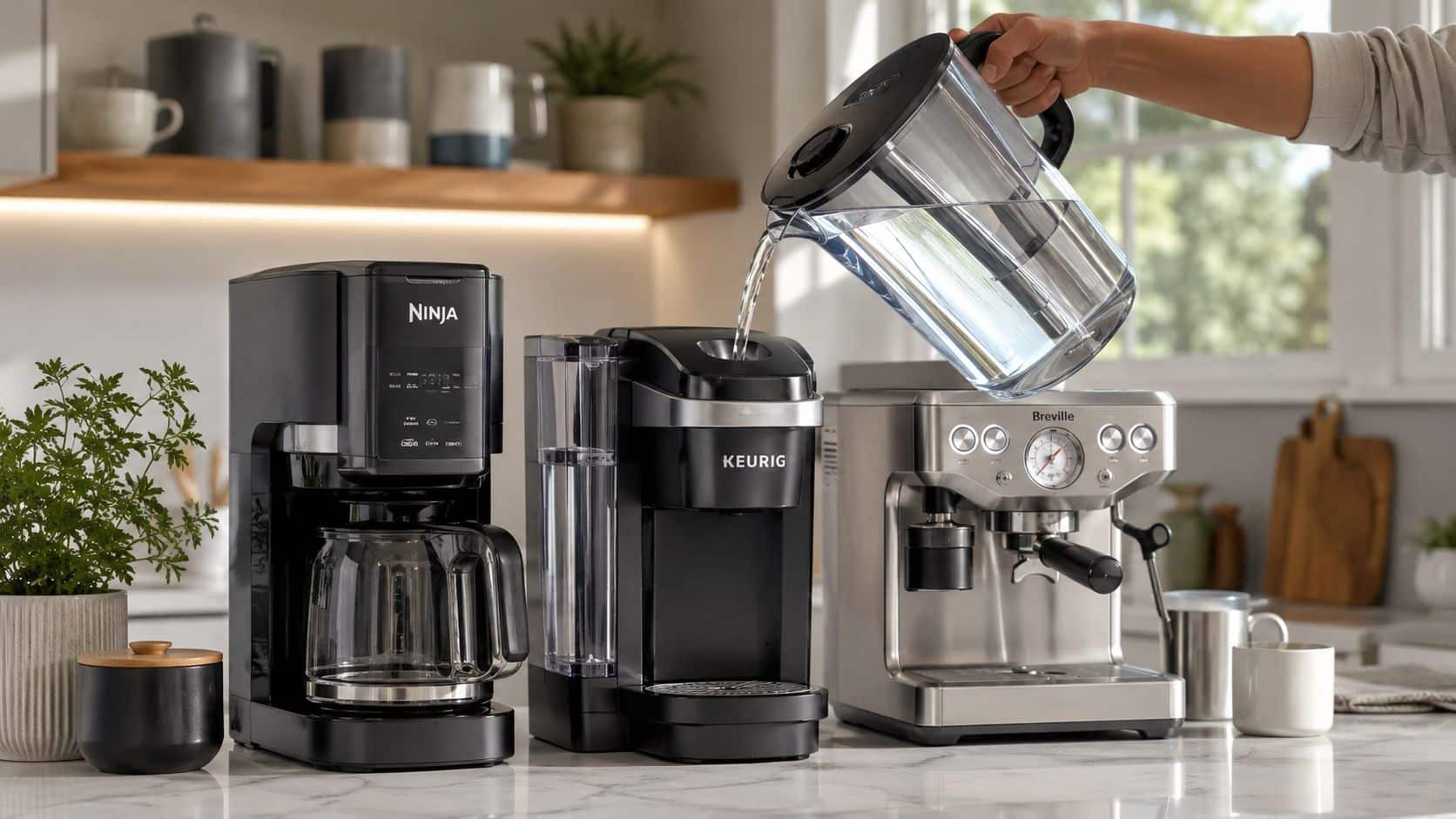 A hand pours filtered water from a clear pitcher into a Keurig coffee maker on a kitchen counter.
