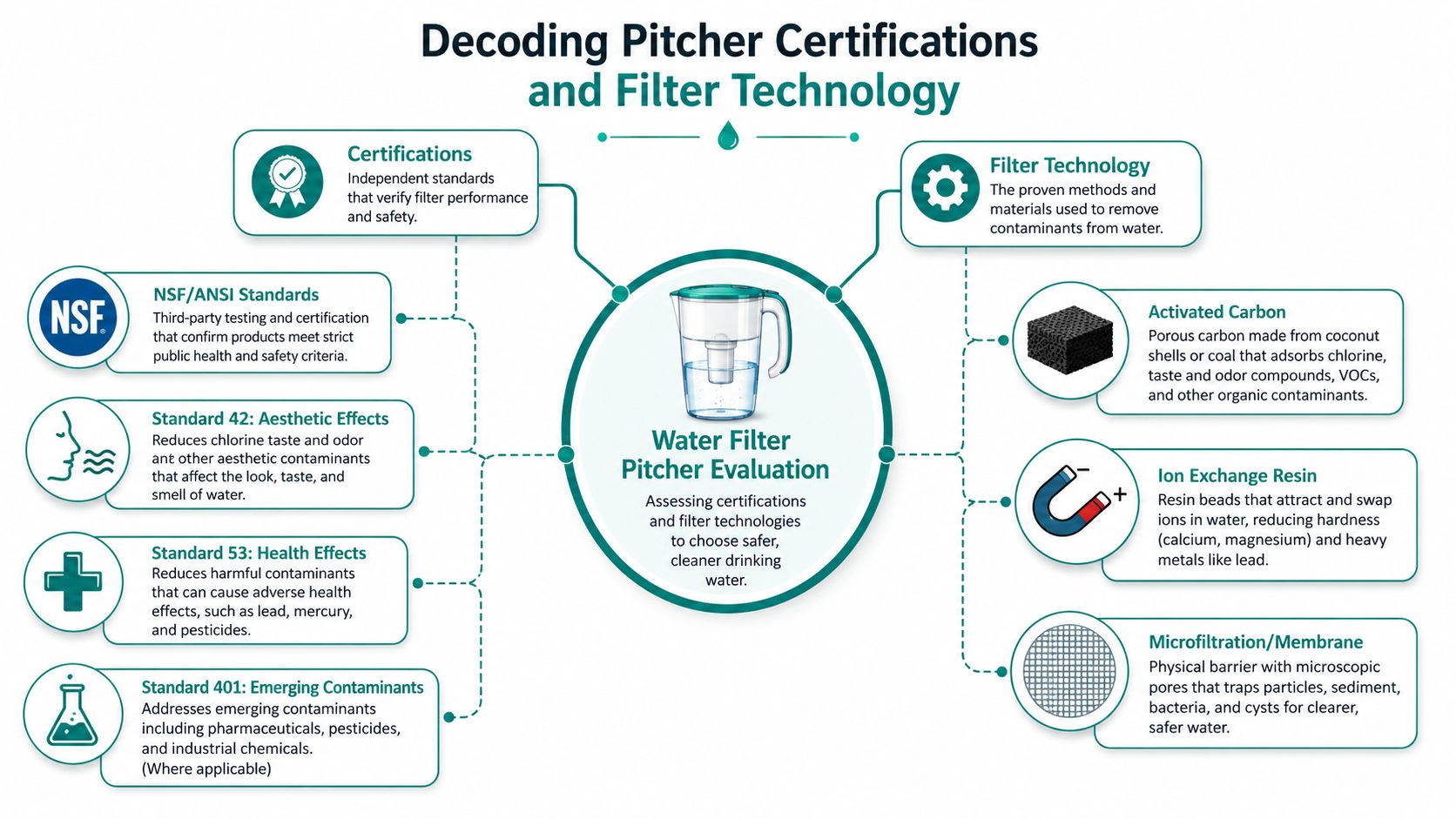 An infographic explaining water filter pitcher certifications and different types of filtration technology for cleaner drinking water.